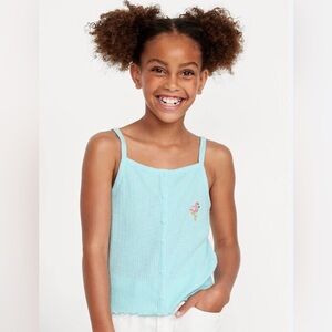Old Navy Fitted Button-Front Embroidered Flamingo Tank Top XL Blue NWT